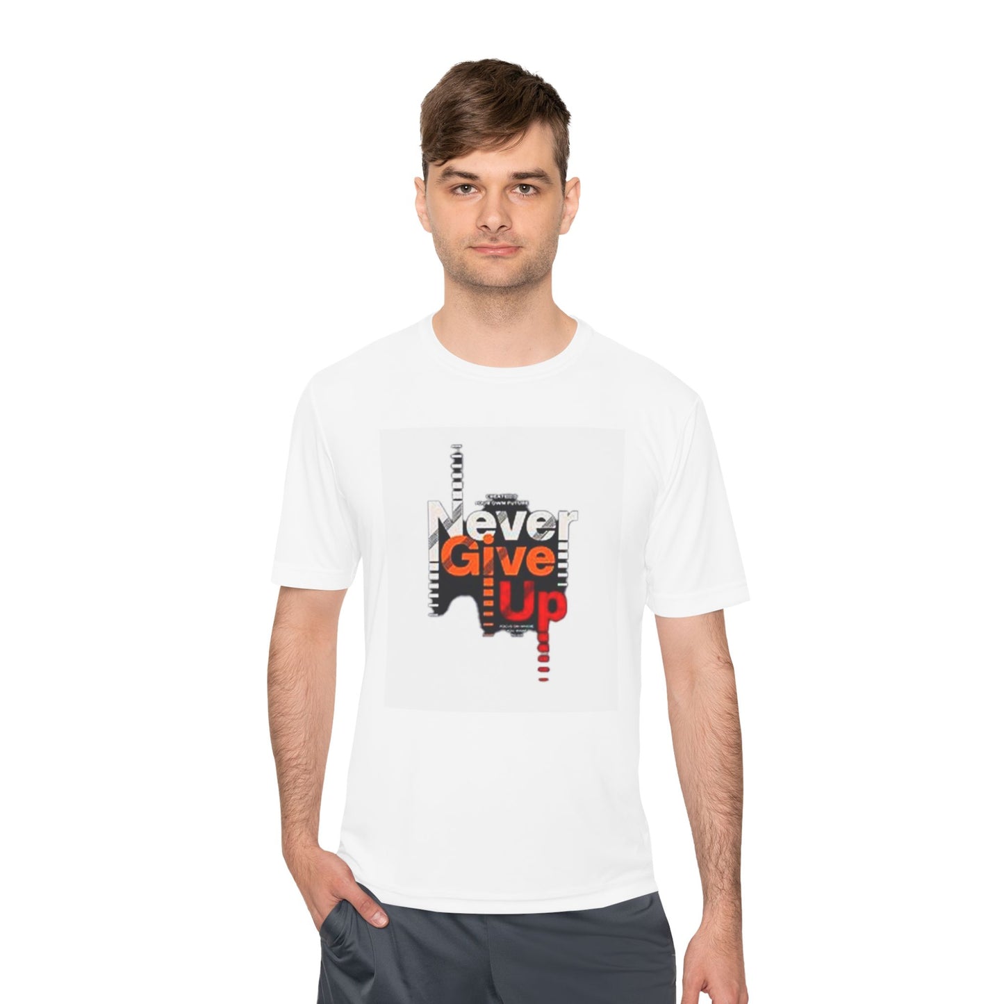 Unisex Moisture Wicking Tee - "Never Give Up" Athletic Shirt, Motivational Workout Top, Fitness Gift, Running Apparel, Gym Wear